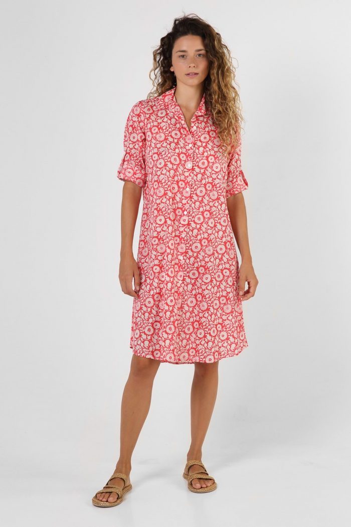Coral flower shirt dress
