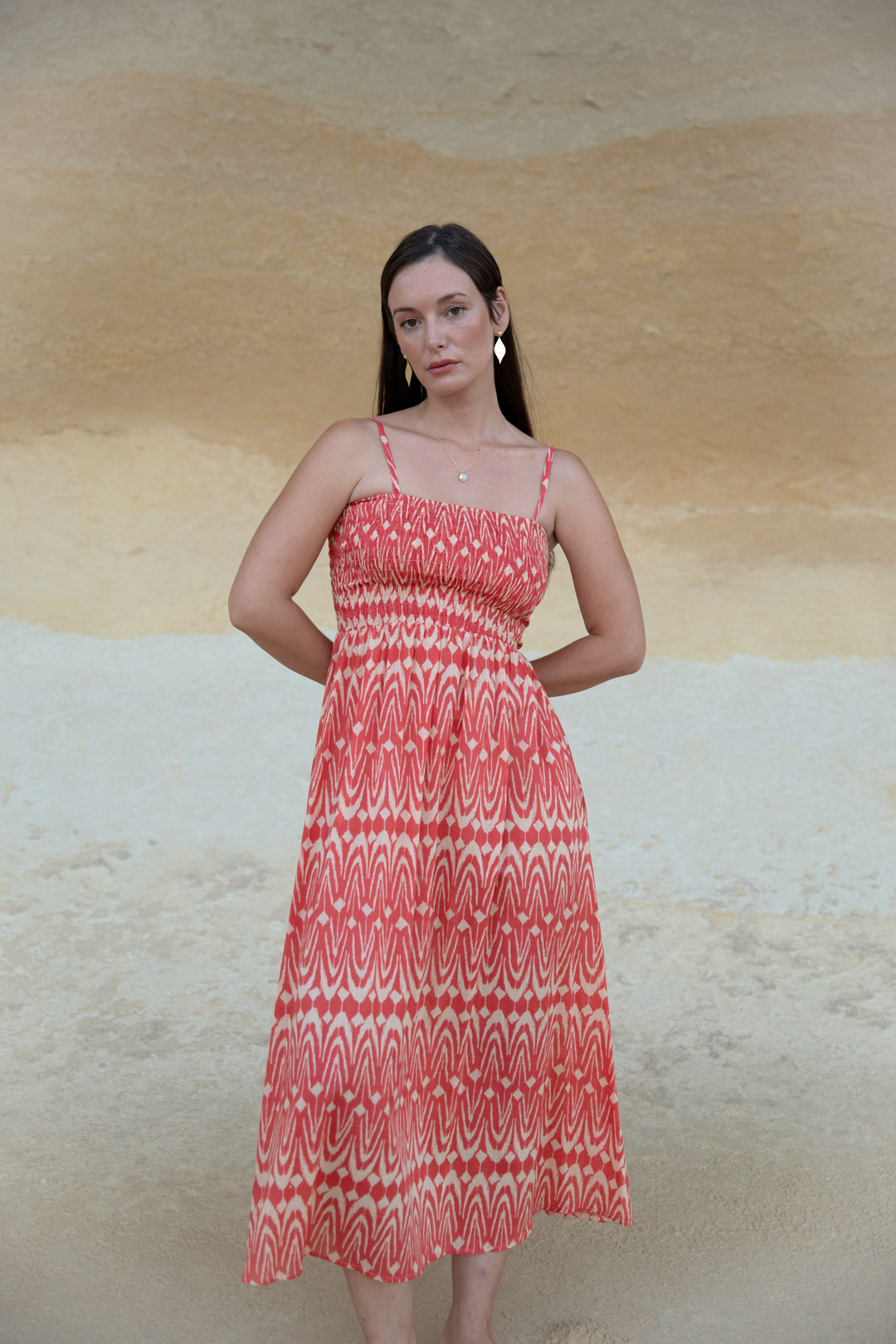 Vestido nido abeja ikat coral