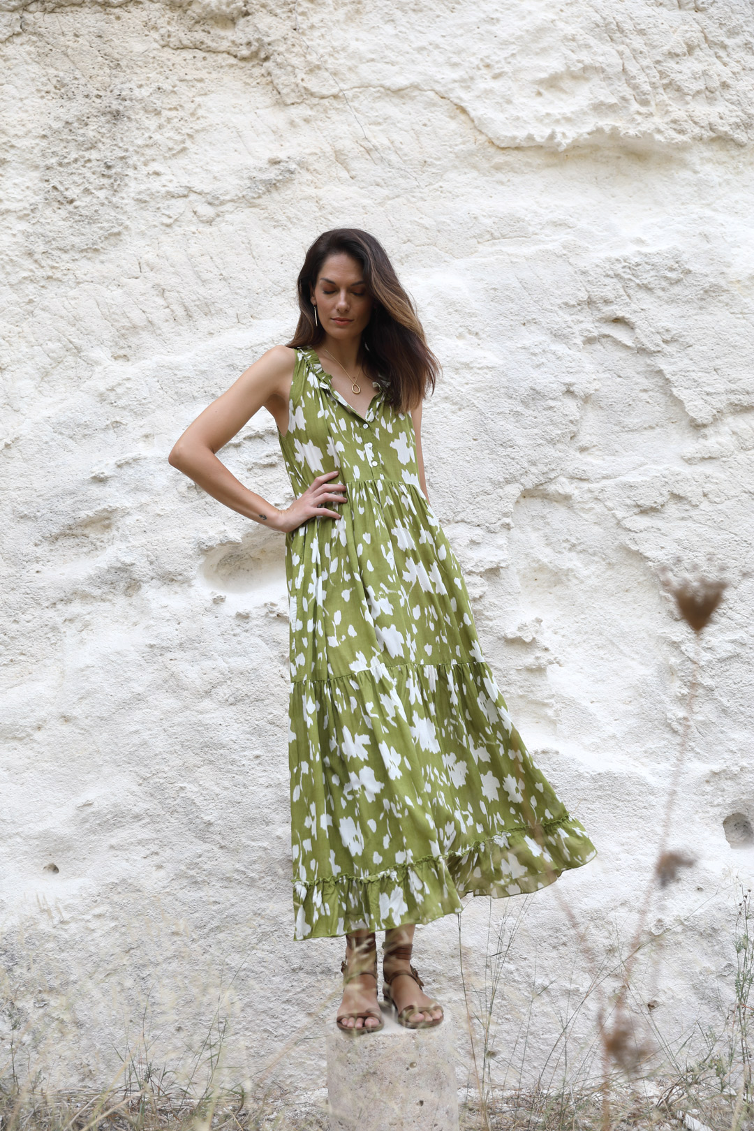 Green floral frilled dress